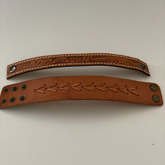 Handmade Set of Two Brown Leather Snap Closure Cowgirl Cuff Bracelets Large - Picture 2 of 12